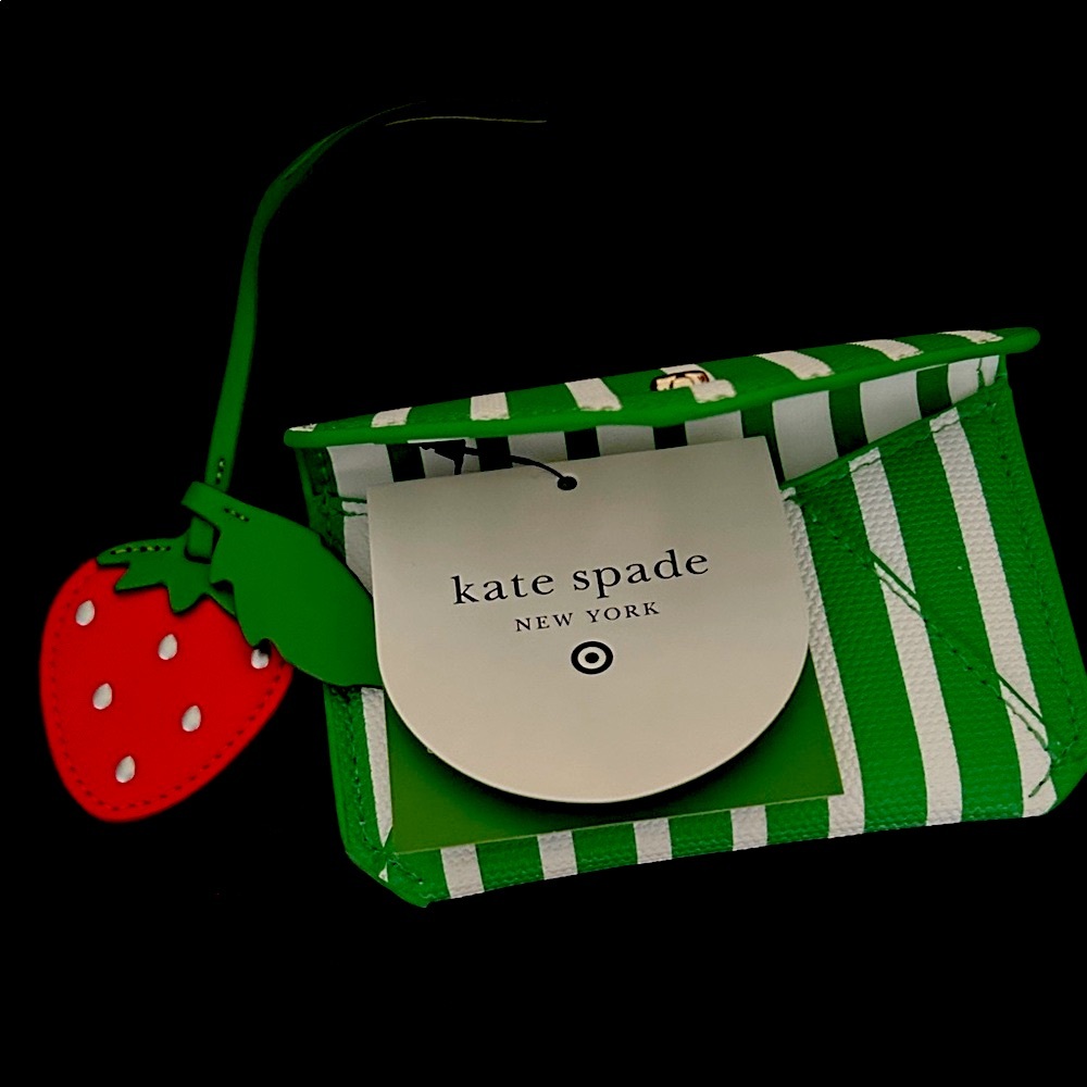 Kate Spade Green Striped wallet card holder with Strawberry Charm - Picture 3 of 7